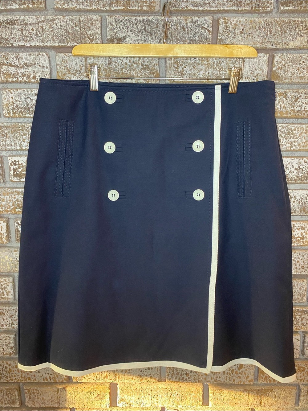 Talbots Navy Button-Front A-Line Skirt with Cream Trim